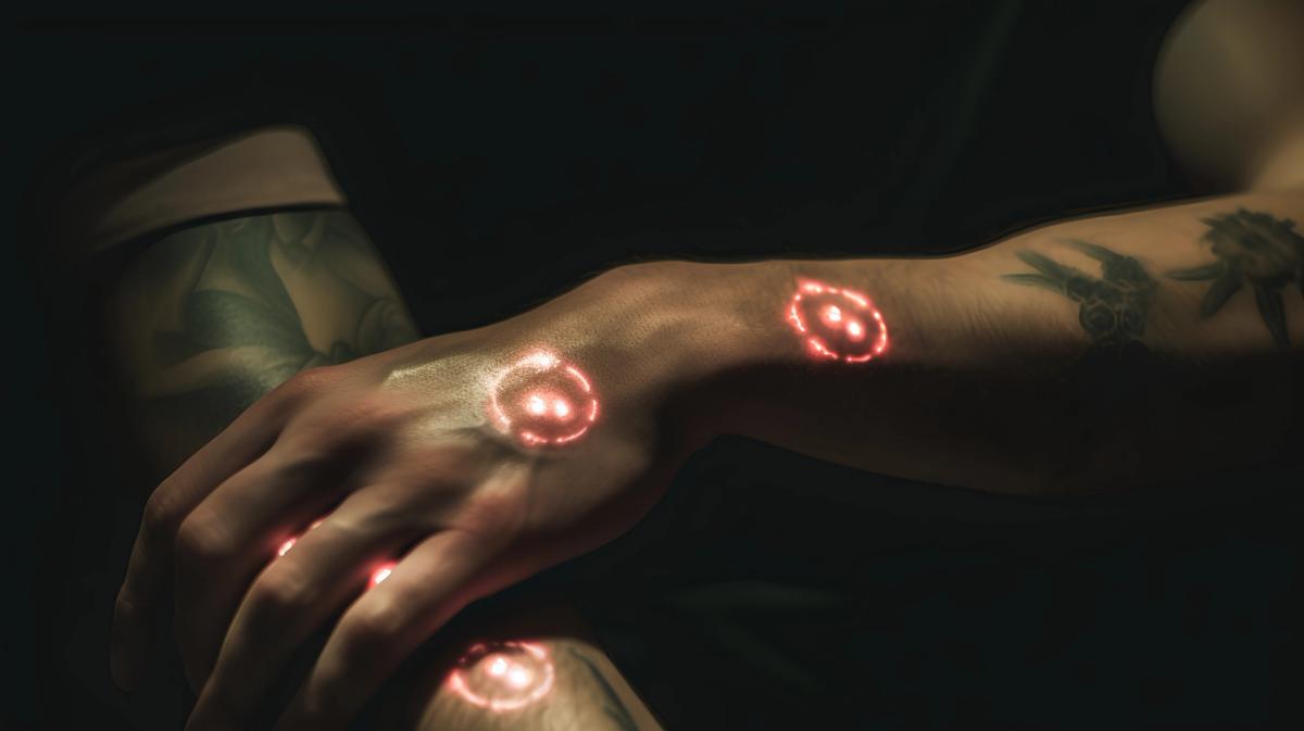 Close-up of a tattooed person's arm and hand featuring glowing red circular marks that look like bioluminescent or cybernetic implants under the skin