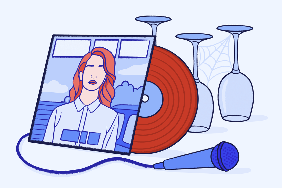 Illustration of Lana Del Rey on a laptop video call with a vinyl record, microphone, and upside-down wine glasses, symbolizing online entertainment, music streaming, and virtual socializing.