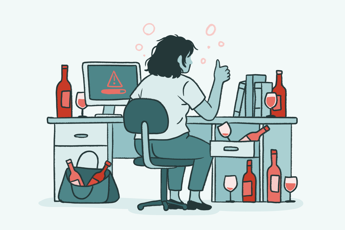Illustration of a person working at a desk surrounded by wine bottles and glasses, giving a thumbs-up while a warning symbol appears on their computer screen, representing a high-functioning alcoholic balancing work and alcohol use.
