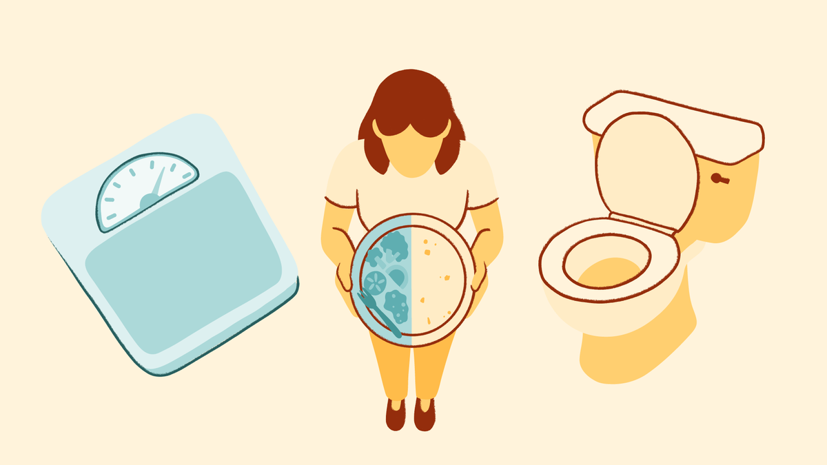 Illustration comparing anorexia and bulimia, showing a person holding a plate split into two halves alongside a bathroom scale and a toilet, symbolizing restrictive eating, bingeing, purging, and weight concerns associated with eating disorders.