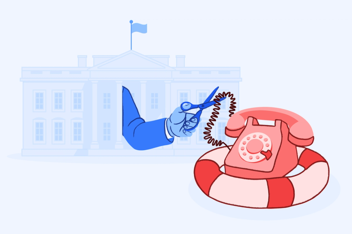 Illustration of a hand cutting a telephone cord with scissors in front of the White House, symbolizing cutting off communication or emergency support.