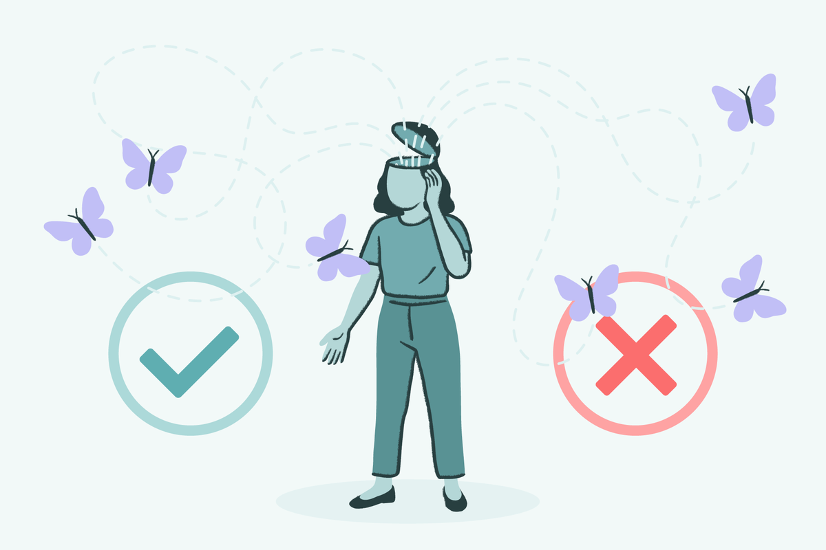 An illustration of a woman with her head open, allowing purple butterflies to fly out, positioned between a teal checkmark and a red "X."