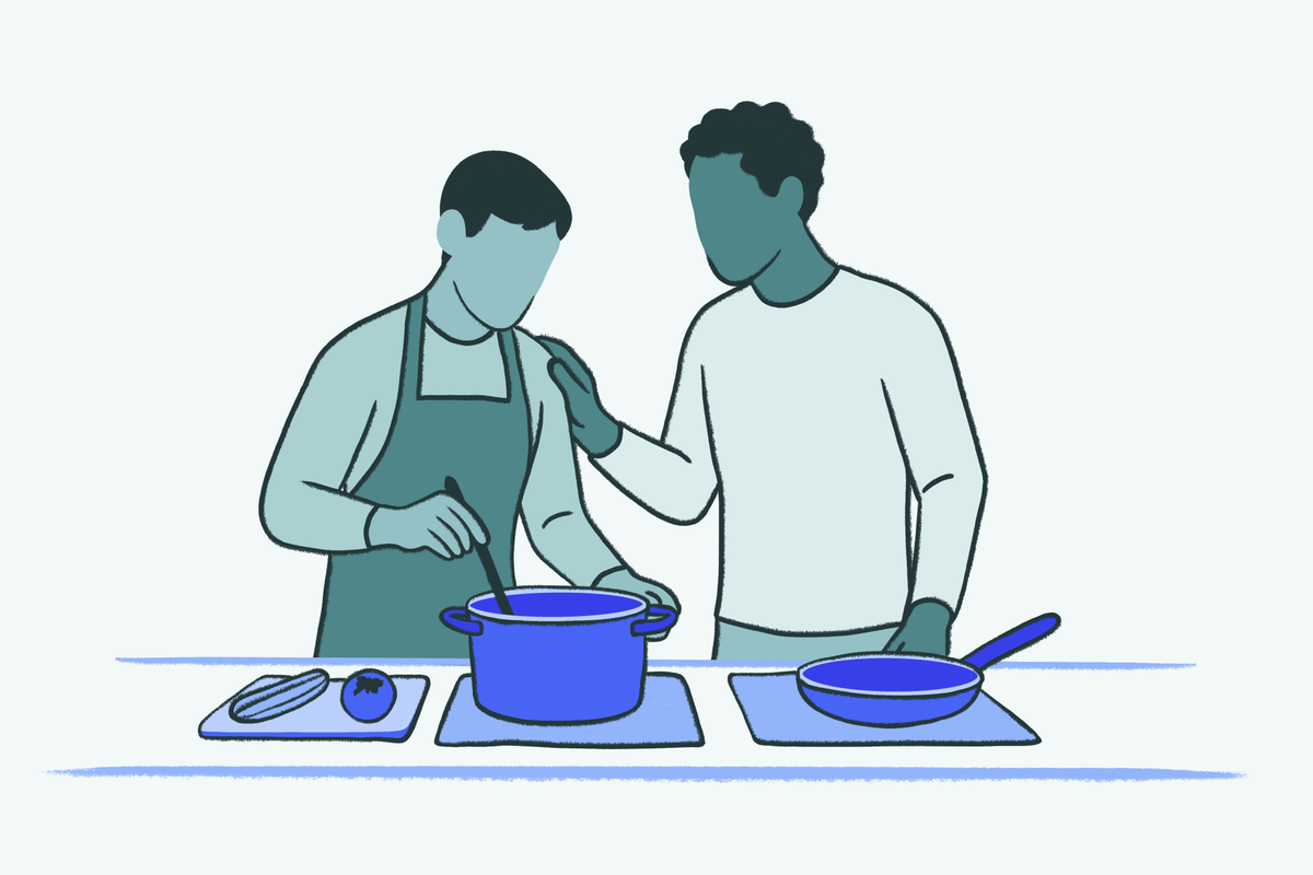 A stylized blue and white illustration of two people cooking together at a kitchen counter. One person in an apron stirs a large blue pot while the other stands beside them with a hand on their shoulder.