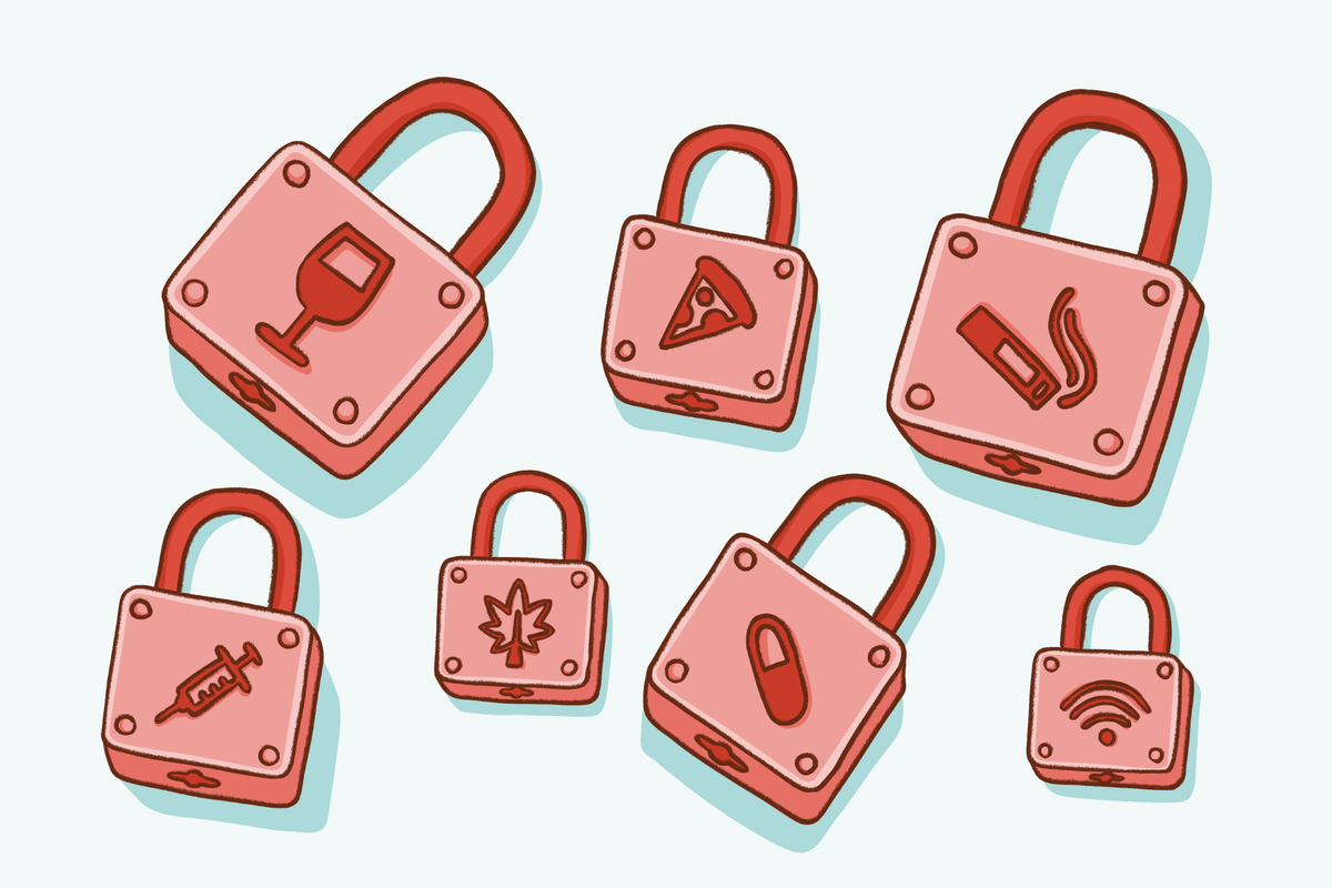 Illustration of multiple red padlocks with different warning and addiction related symbols representing barriers to access safety control or digital security concepts.