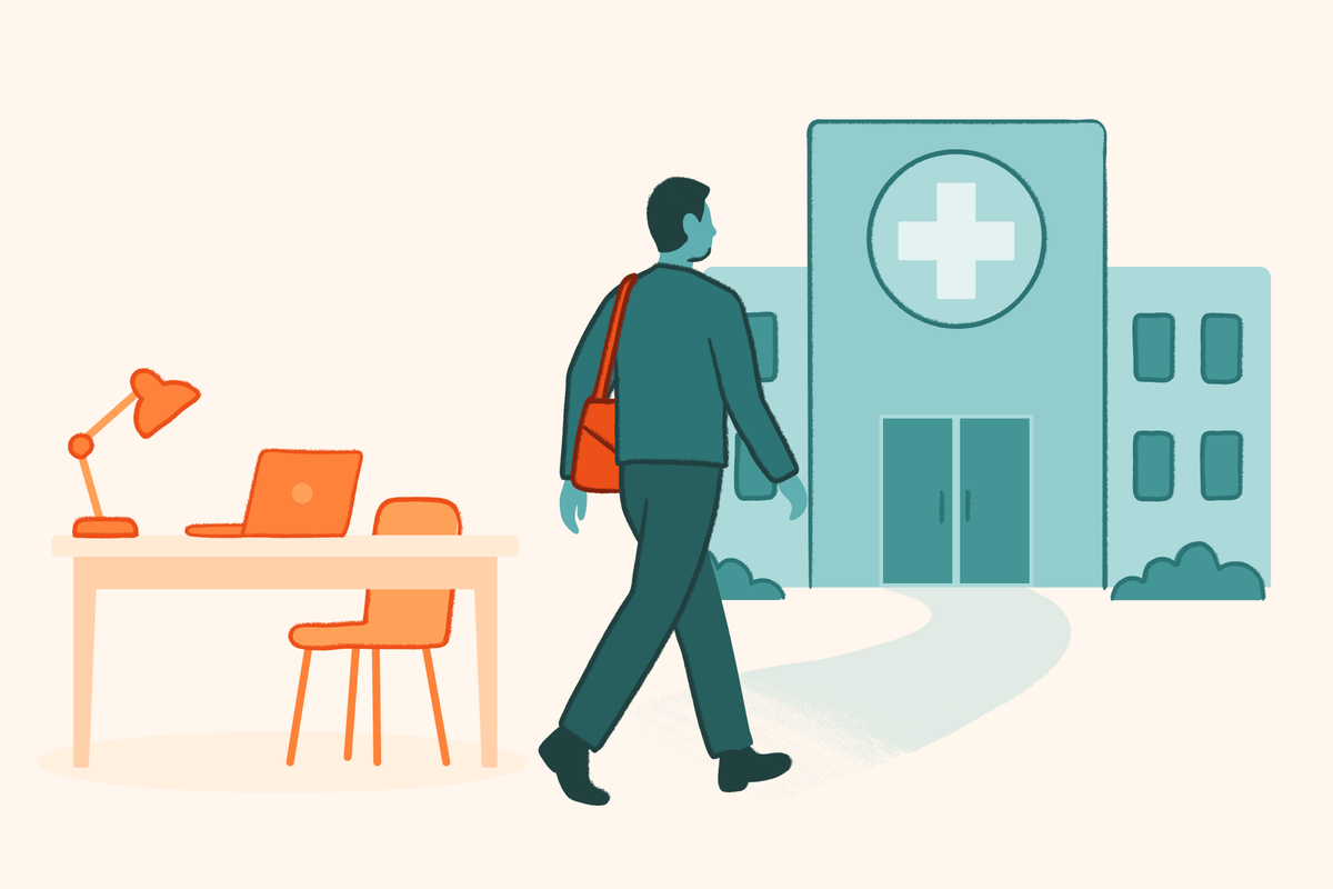 Illustration of a person leaving a work desk and walking toward a medical or treatment facility, symbolizing seeking help, healthcare, or recovery support.