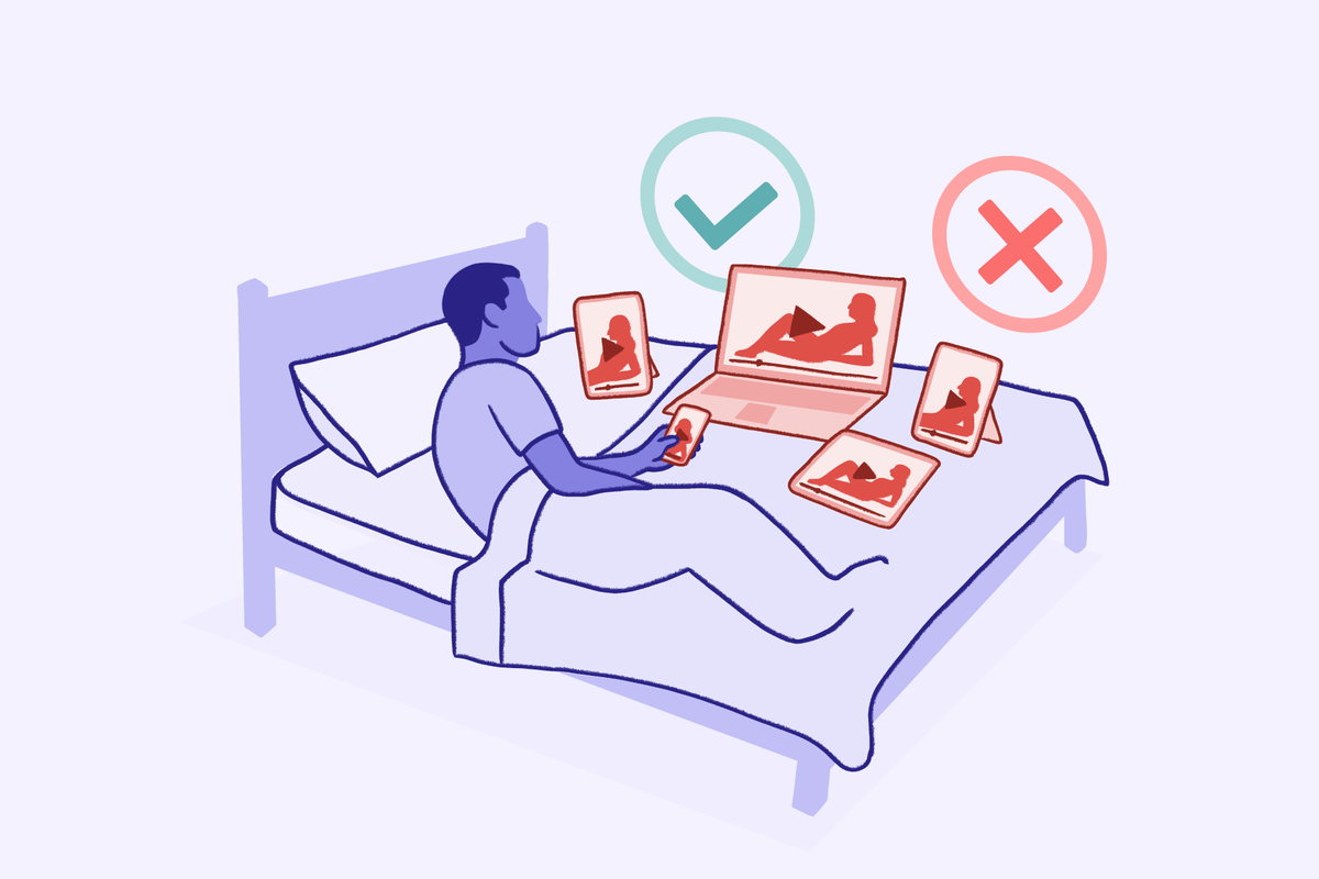 Illustration of a man in bed surrounded by screens showing adult content, representing compulsive pornography use.