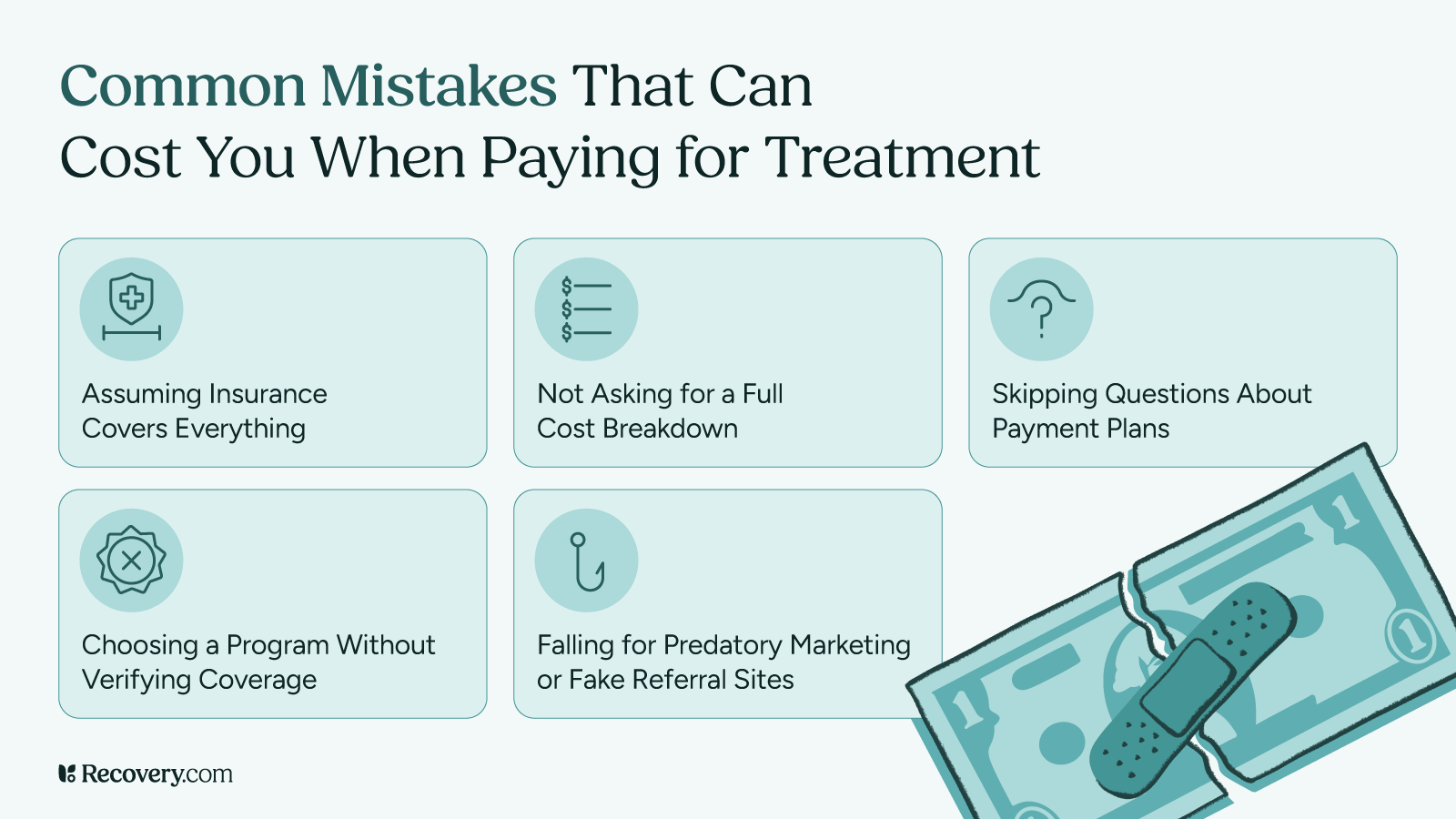 Graphic listing common mistakes people make when paying for addiction or mental health treatment, including assuming insurance covers everything, not asking for a cost breakdown, skipping questions about payment plans, and falling for predatory marketing.