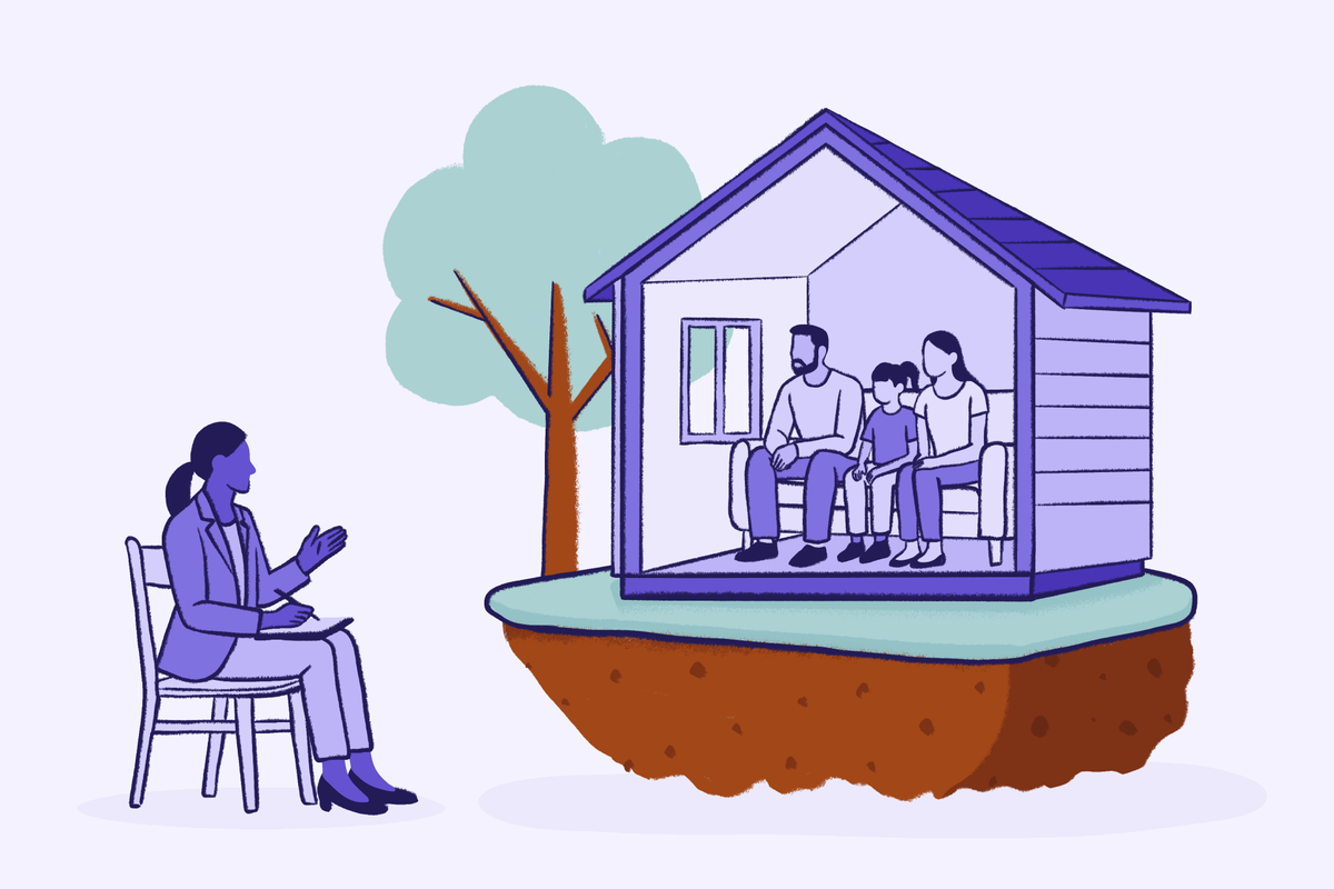Illustration of family inside home speaking with therapist seated outside during structural family therapy session