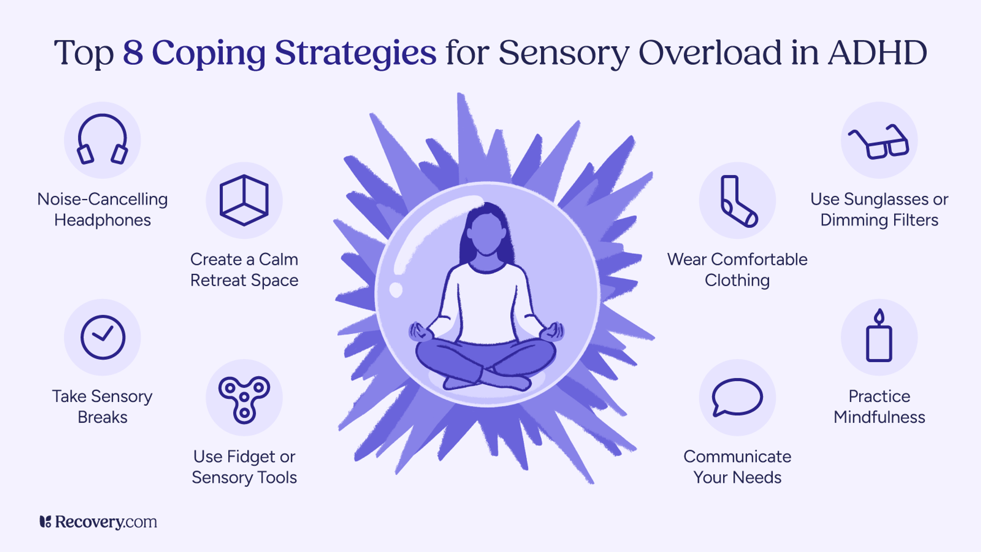 Infographic titled, Top 8 Coping Strategies for Sensory Overload in ADHD, featuring icons and tips: wear noise-cancelling headphones, create a calm retreat space, take sensory breaks, use fidget or sensory tools, wear comfortable clothing, use sunglasses or dimming filters, communicate your needs, and practice mindfulness. A central illustration shows a person meditating inside a protective bubble.