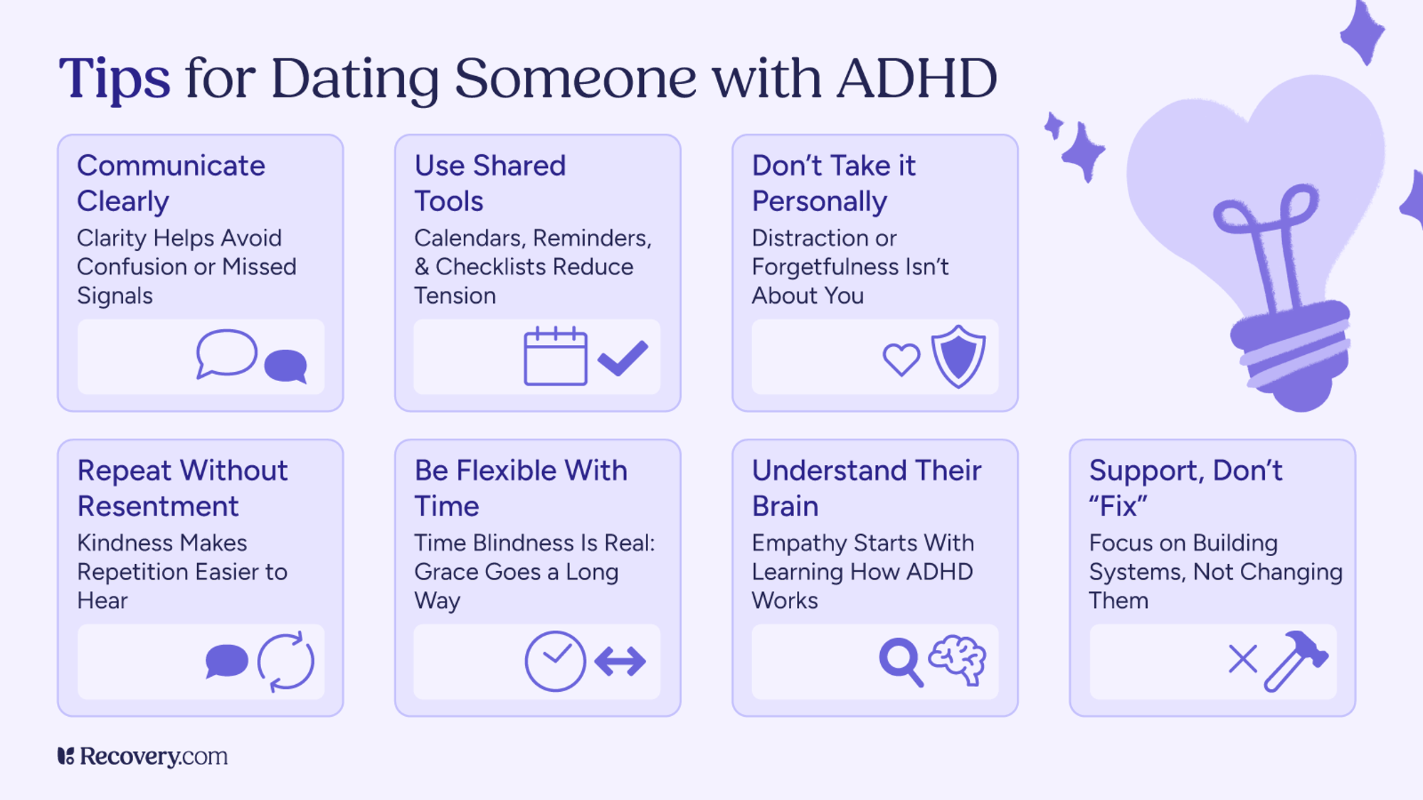 Infographic titled, Tips for Dating Someone with ADHD, featuring eight relationship tips: communicate clearly, use shared tools, don’t take it personally, repeat without resentment, be flexible with time, understand their brain, and support rather than fix. Each tip includes a matching icon and is presented in a light purple design.