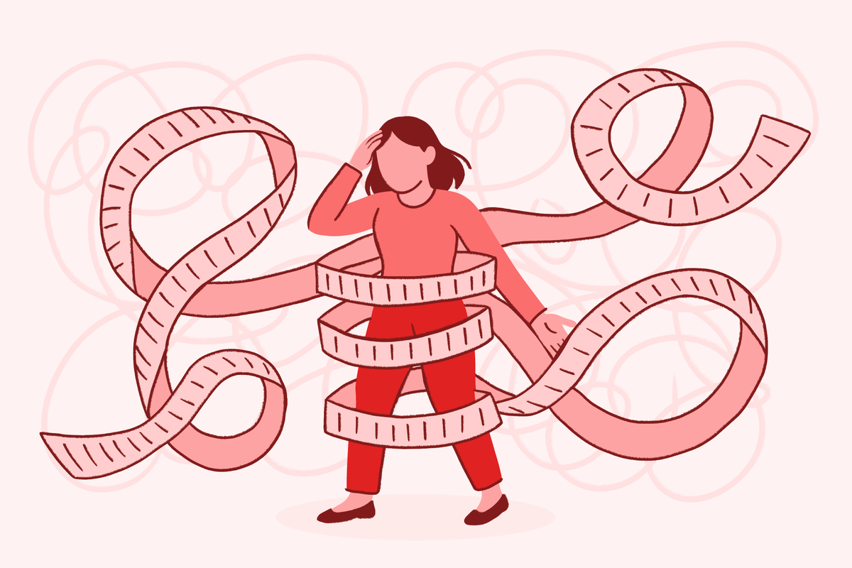 Illustration of a woman constrained by tangled measuring tapes illustrating time management and organizational challenges of ADHD executive dysfunction