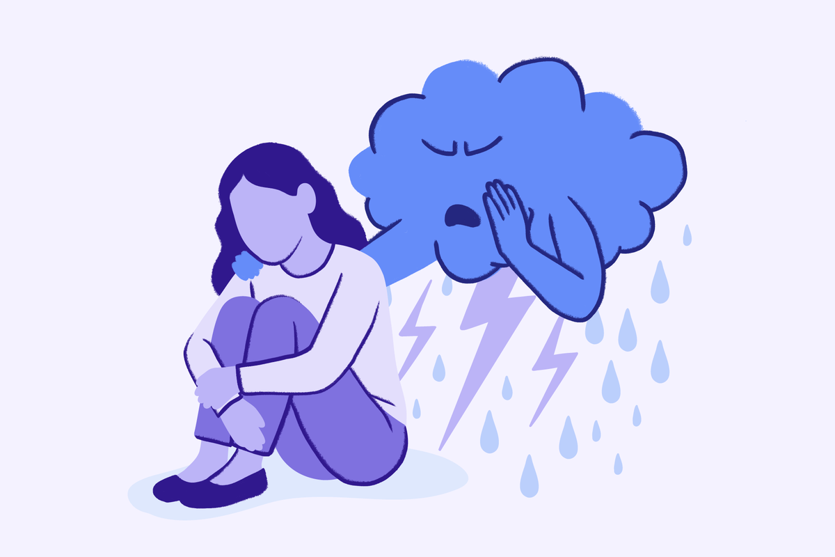 A conceptual illustration of a person sitting hunched over in distress while a personified storm cloud whispers into their ear.